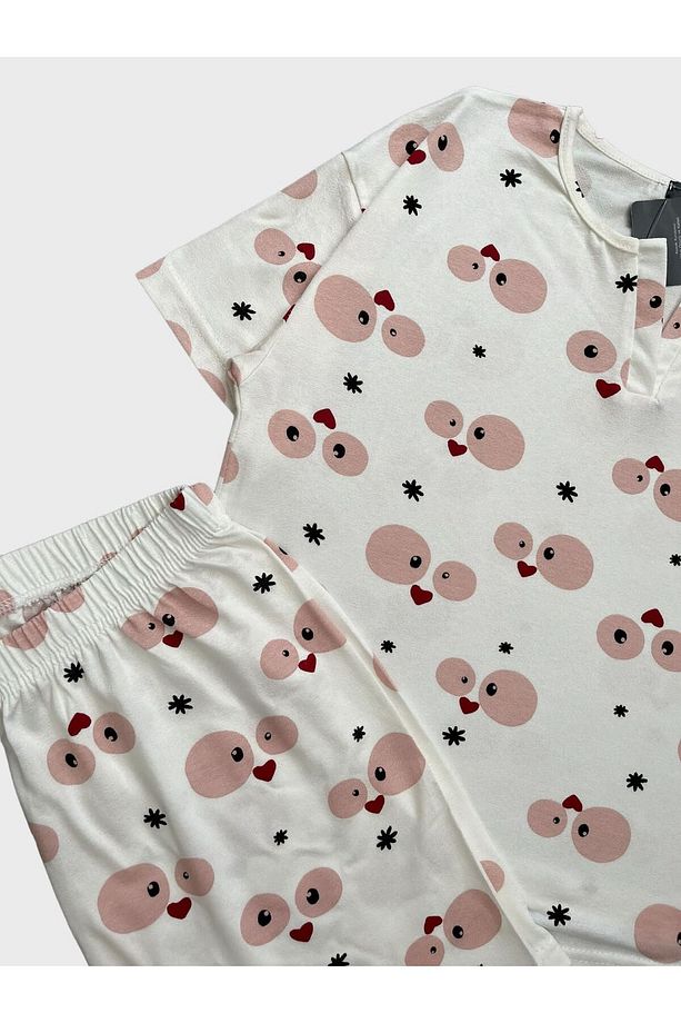 Kadın Krep Kumaş Krem Rengi Kalp Desenli Kısa Kollu Şortlu Yazlık Pijama Takımı - 2