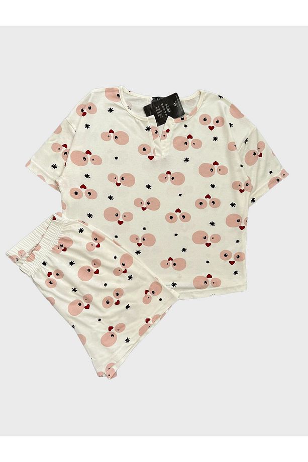 Kadın Krep Kumaş Krem Rengi Kalp Desenli Kısa Kollu Şortlu Yazlık Pijama Takımı - 3