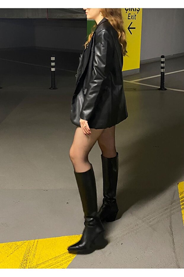 Siyah Deri Blazer Ceket - 1