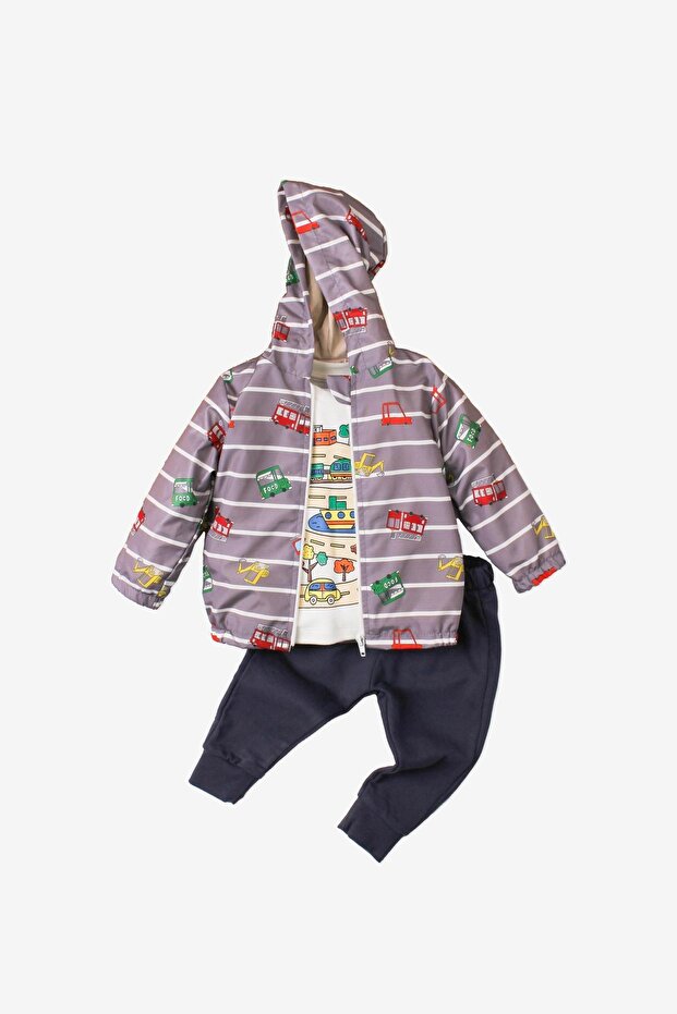 Car Patterned Hooded Cotton Raincoat Baby Set