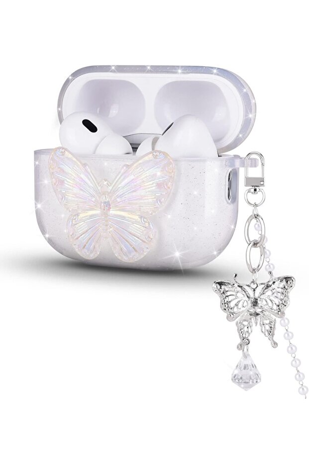 حافظة سماعات أذن Airpods Pro الجيل الثاني متوافقة مع تقنية ثلاثية الأبعاد على شكل فراشة ولامعة، متوافقة مع نظامي iOS وأندرويد