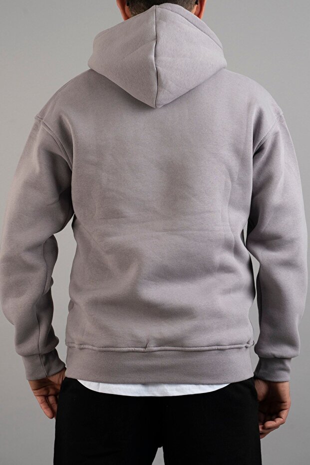 Erkek Kapüşonlu Basic Sweatshirt Gri - 7