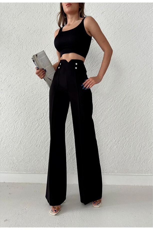 Kadın Yüksek Bel Palazzo Düğmeli Detay Slim Fit Kalip Pantolon - 4