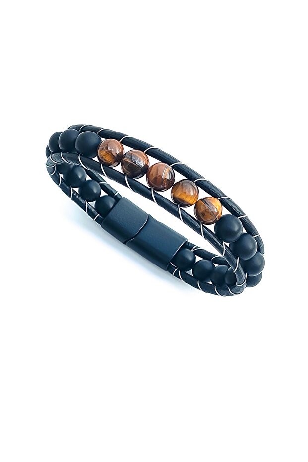 Tiger Eye And Onyx Natural Stone Bracelet Genuine Leather Bracelet