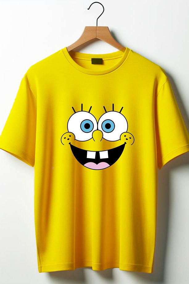 Sünger Bob Baskılı Oversize Geniş Kalıp Bisiklet Yaka Sarı Tshirt - 1