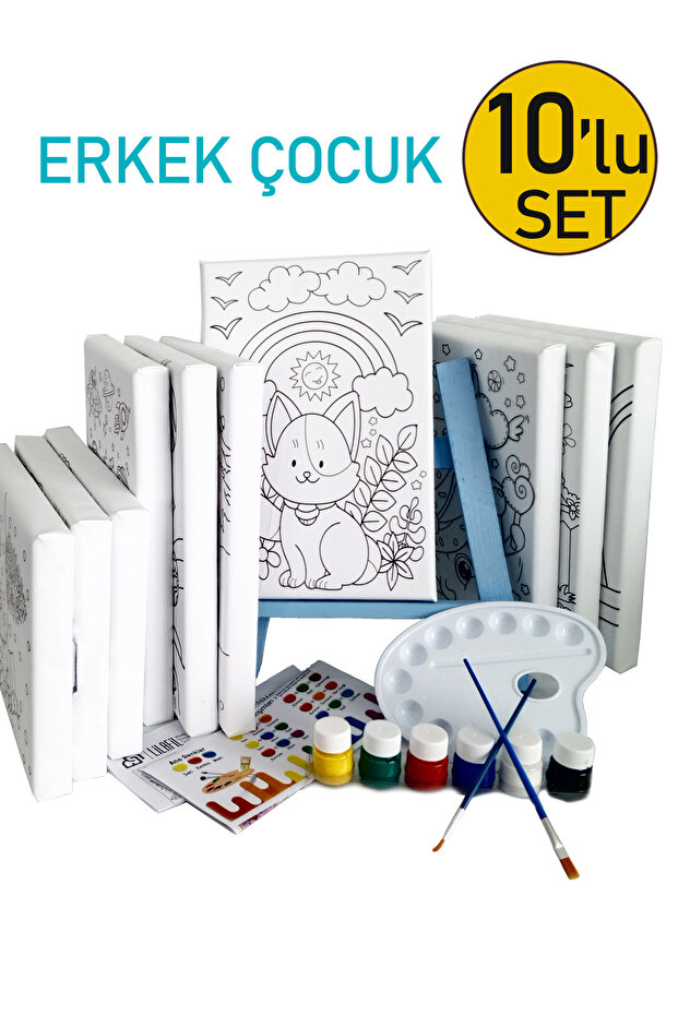 Boy Painter Set 10 Pieces - 20x30 cm Canvas with Prefixation, 2 Pieces.Brush, Palette, Paint & Easel