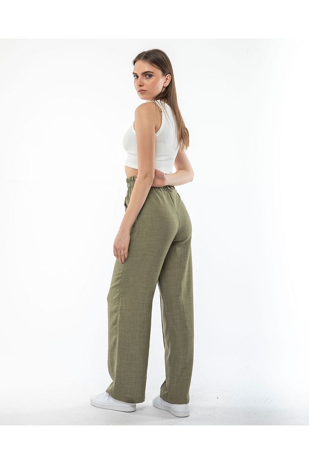 Kadın Beli Lastikli  Yüksekbel İspanyol Paça   Ayrobin  Kumaş Pantolon - 8