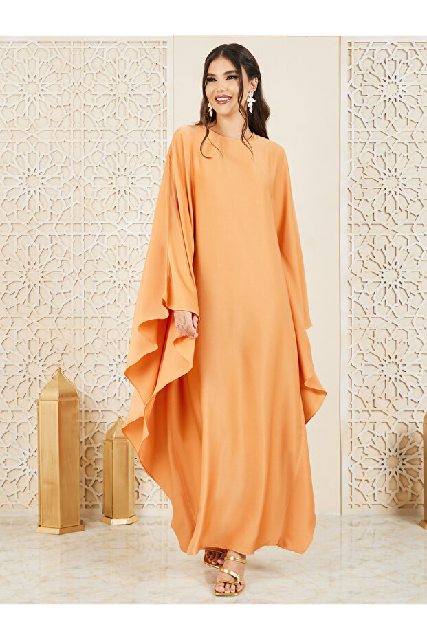 Solid Round Neck Batwing Sleeves Jalabiya - 1