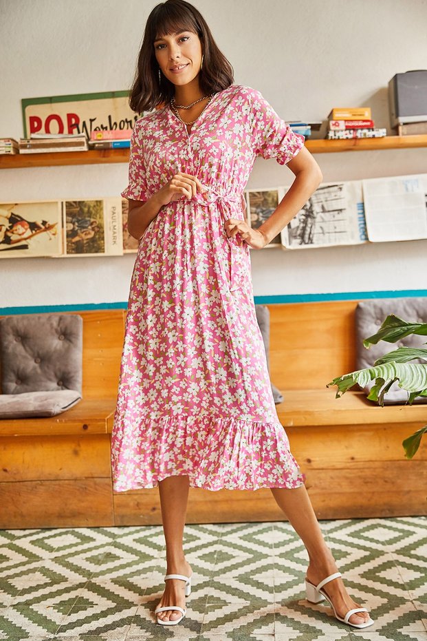 Women's Pink Buttoned Belted Sleeve Detailed Woven Viscose Dress ELB-19001524