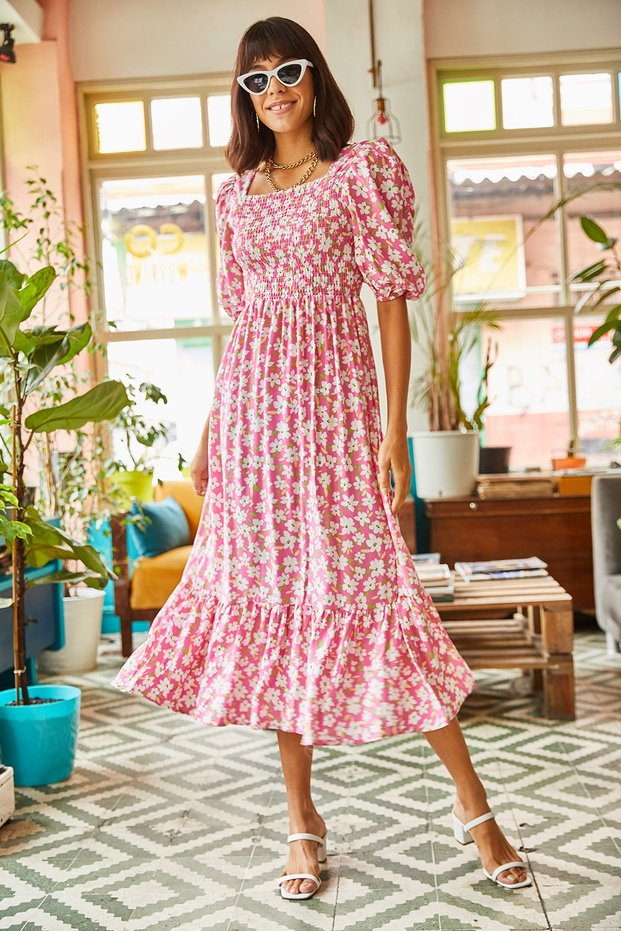 Women's Pink Elastic Casual Woven Viscose Dress ELB-19001483