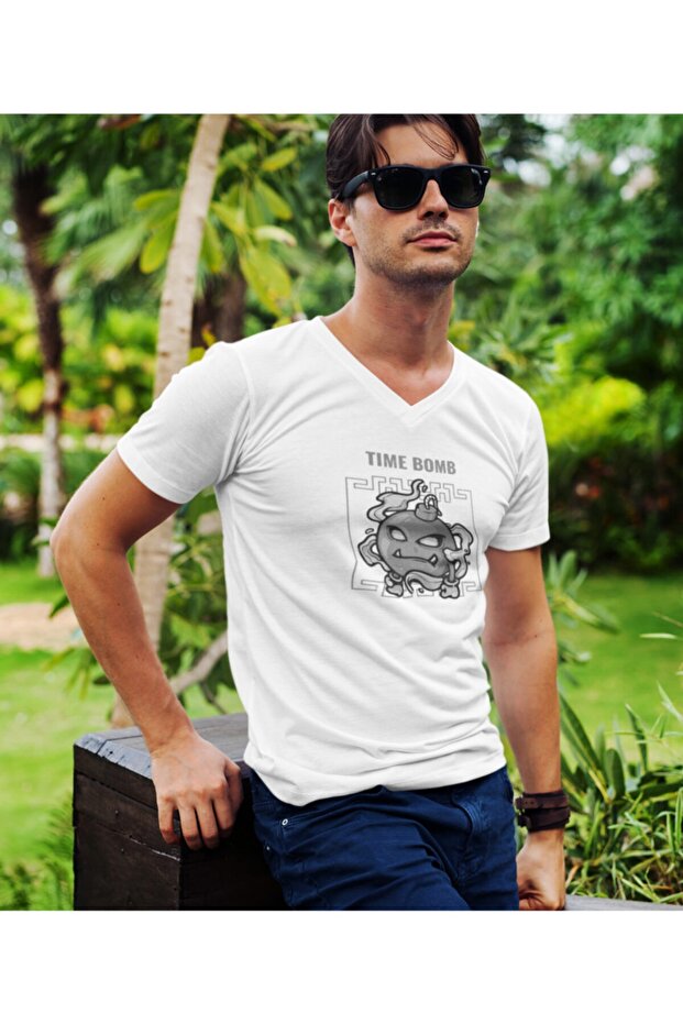 Unisex White V-Neck Slim Fit T-shirt Digital Printed