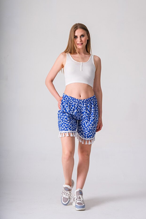 Ethnic Style Elastic Waist Short Shorts Made of Cotton Viscose Fabric