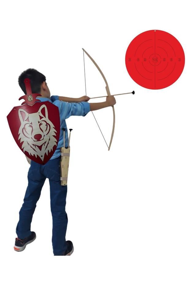 Natural Wooden Arrow Bow + Wolf Head Shield + Sword + Quiver + Target Red