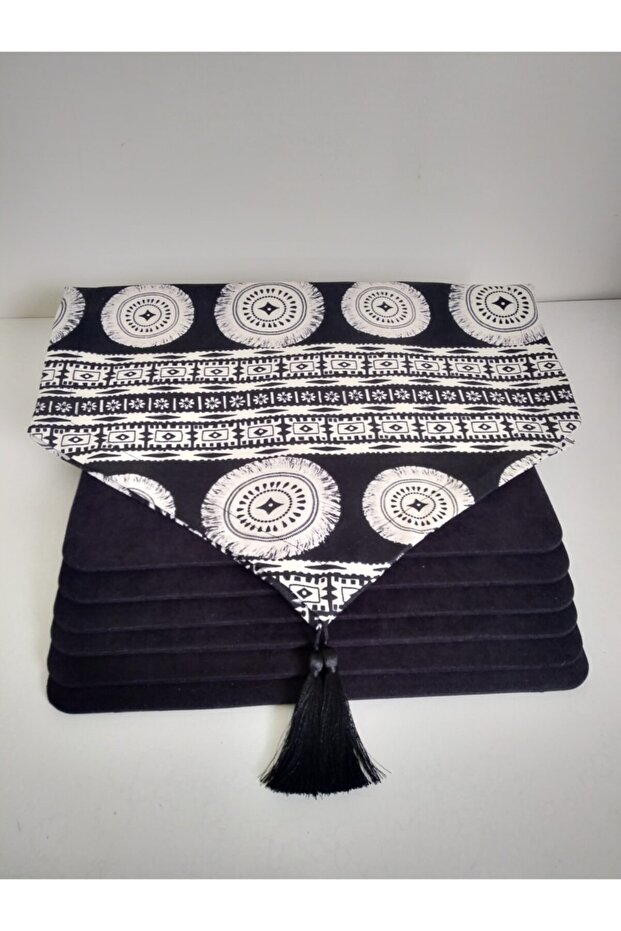 Tassel Look Bohemian Themed Runner & 6 Black Karej Plates