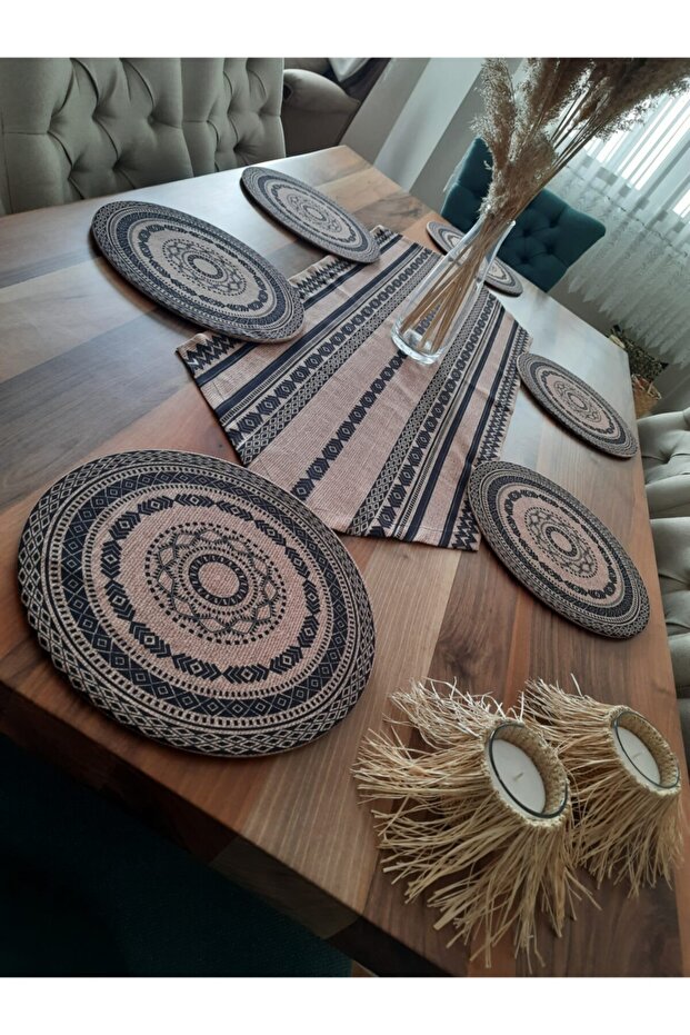 Ethnic Bohemian Patterned Runner & 6 Bohemian Plates