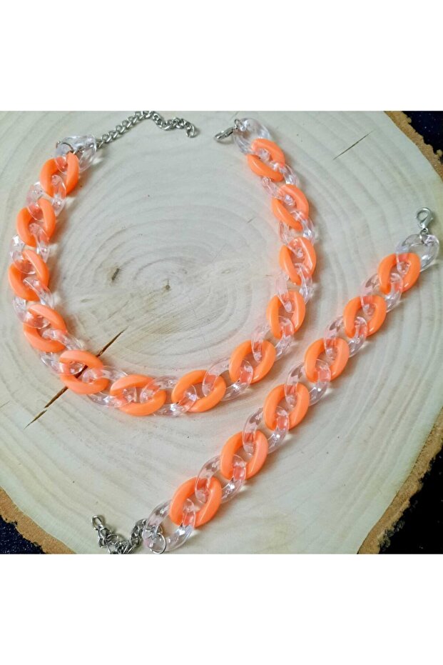 Bone Acrylic Necklace and Bracelet, Orange-Clear