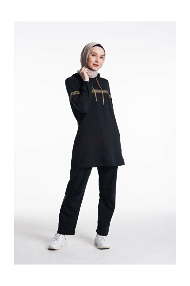 Women's Hooded Glitter Stripe Tracksuit Set Black