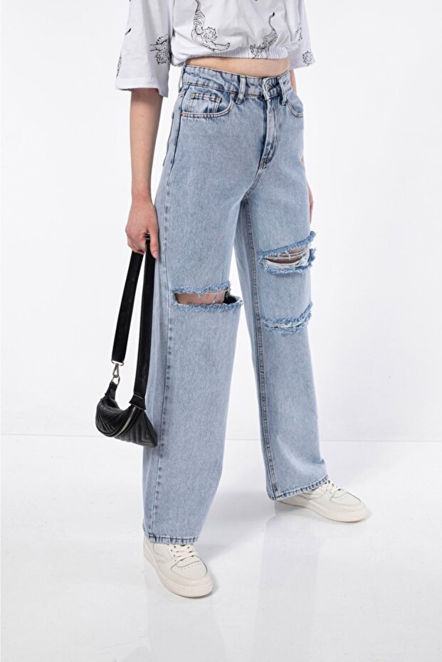 Yırtık S.o.l.m.a.z Mavi Kar Yıkama Süper Yüksek Bel Salaş Jean Pantolon. (süper Yüksek) Wide Leg - 5