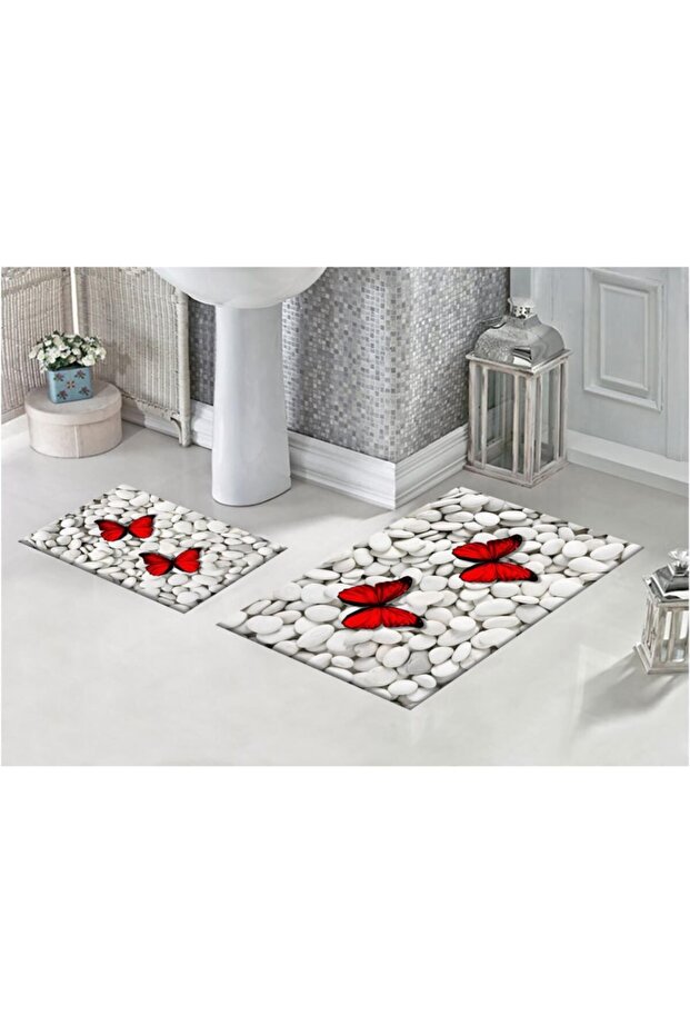 Pebbles And Red Butterflies 3D Patterned Digital Printed Bath Mat