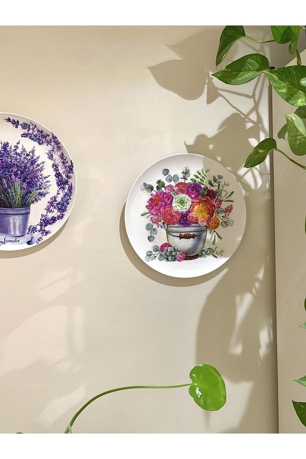 Pembe Çiçek Desenli Duvar Tabağı Dekoratif Bahçe Balkon Mutfak Salon Duvar Süsü No:84 - 5