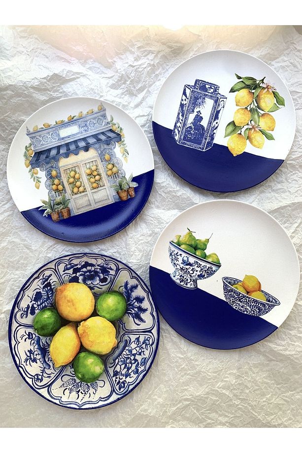 Limonlu Blue blanc Duvar Tabağı Dekoratif Bahçe Balkon Mutfak Salon Duvar Süsü No:136 - 7
