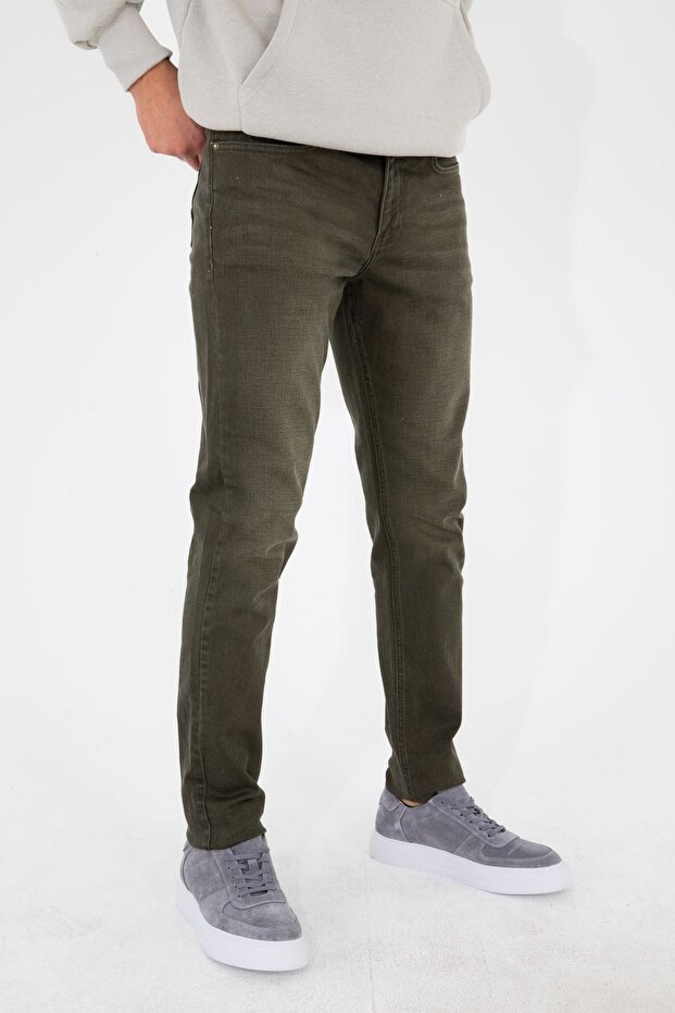 Men's Dark Khaki Slim Fit Lycra Jean Jeans Trousers Hlthe001986
