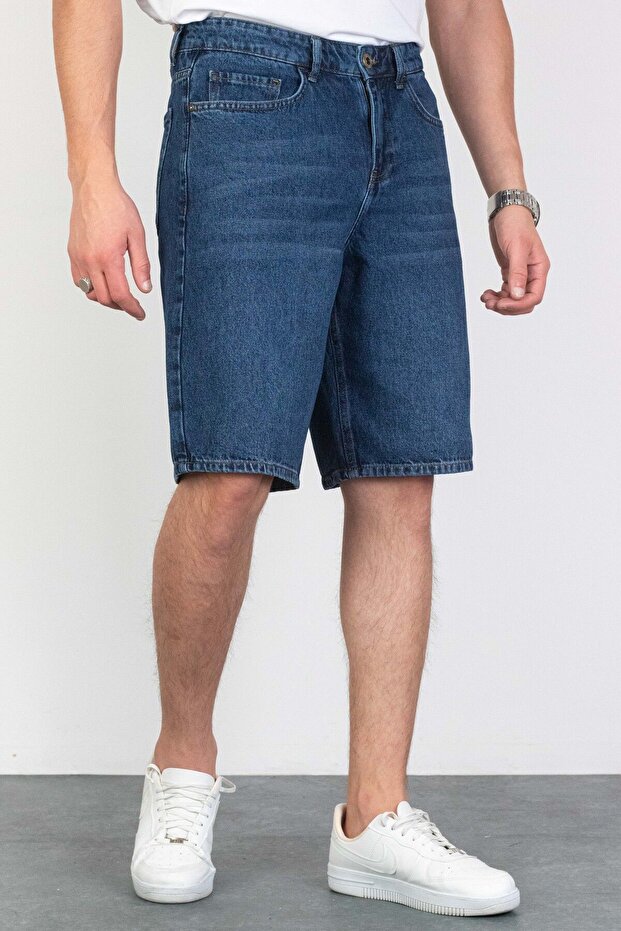 Men's Dark Blue Baggy Fit 100% Cotton Denim Shorts Arthur-Kymavi̇