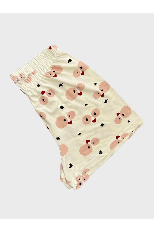 Kadın Krep Kumaş Krem Rengi Kalp Desenli Kısa Kollu Şortlu Yazlık Pijama Takımı - 7