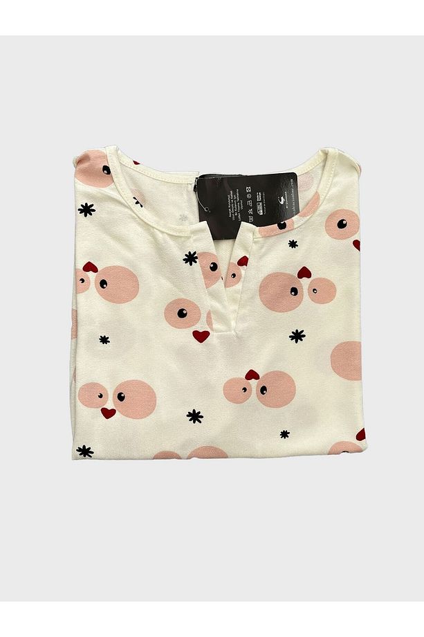 Kadın Krep Kumaş Krem Rengi Kalp Desenli Kısa Kollu Şortlu Yazlık Pijama Takımı - 6