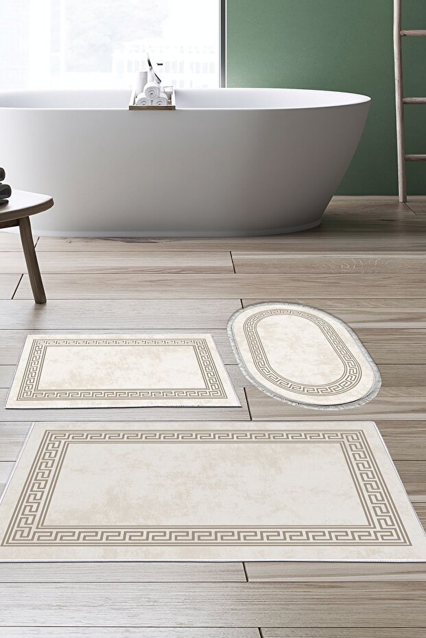 Digital 3-Piece Bath Mat Set Star Cotton Non-Slip Base Mixed Oval Modern Cassietta Cream