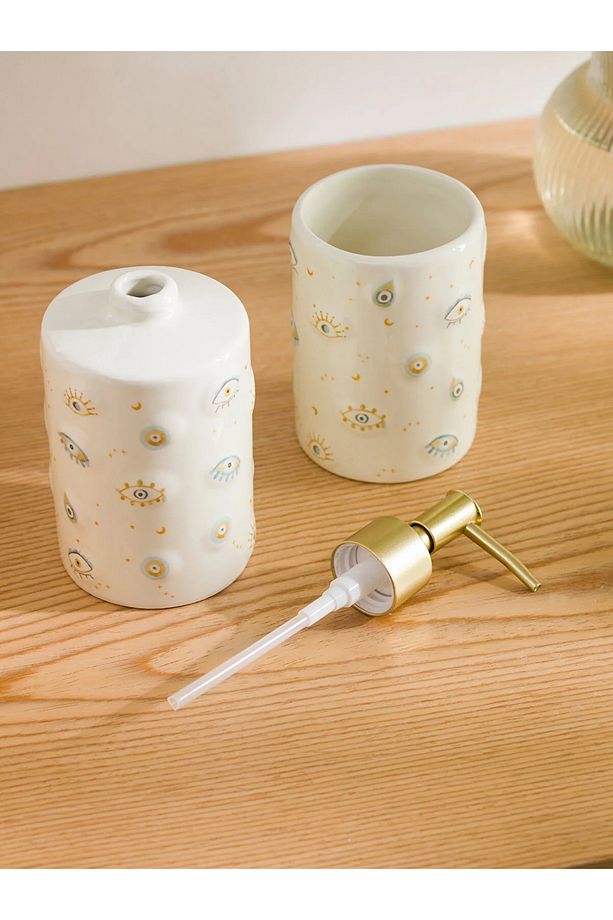 2'li Seramik Banyo Seti Sıvı Sabunluk Fırçalık Ekru Krem 17cm - 3