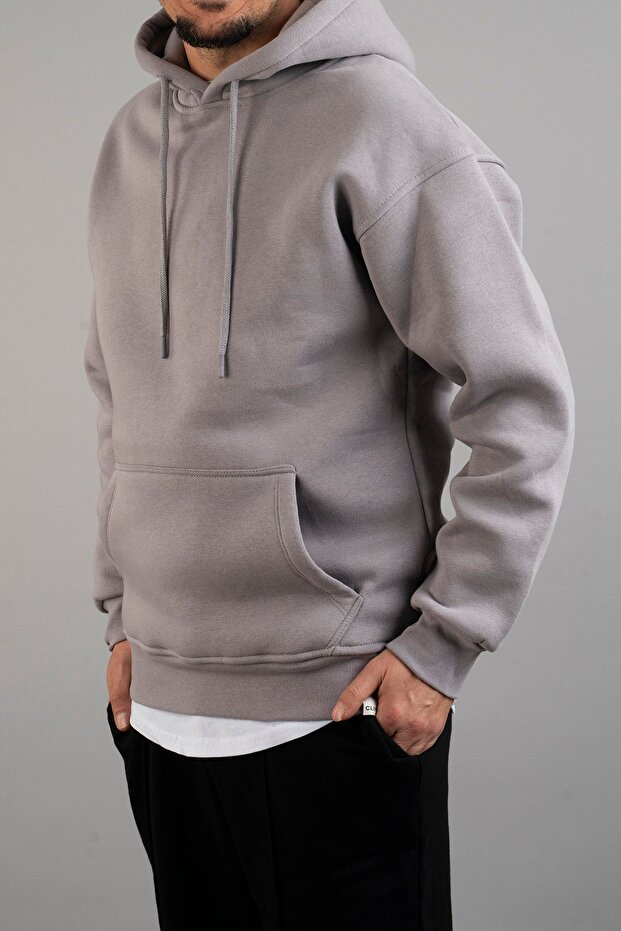Erkek Kapüşonlu Basic Sweatshirt Gri - 2
