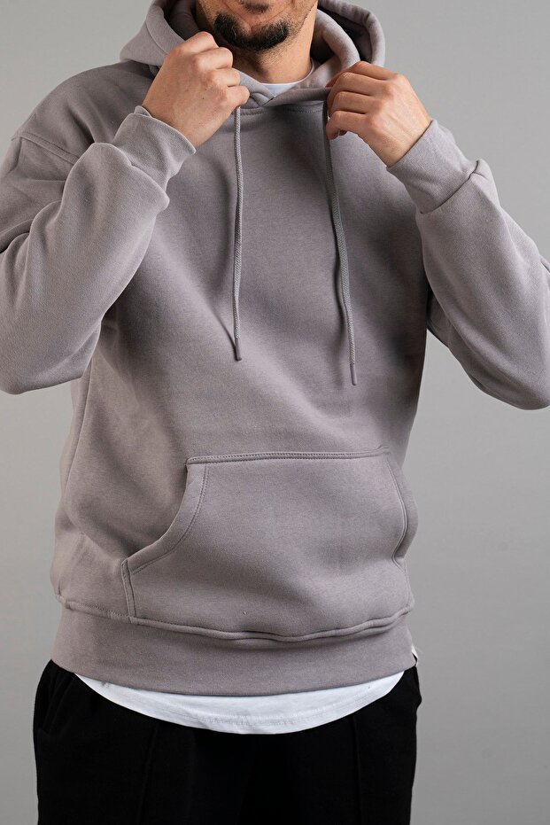 Erkek Kapüşonlu Basic Sweatshirt Gri - 3