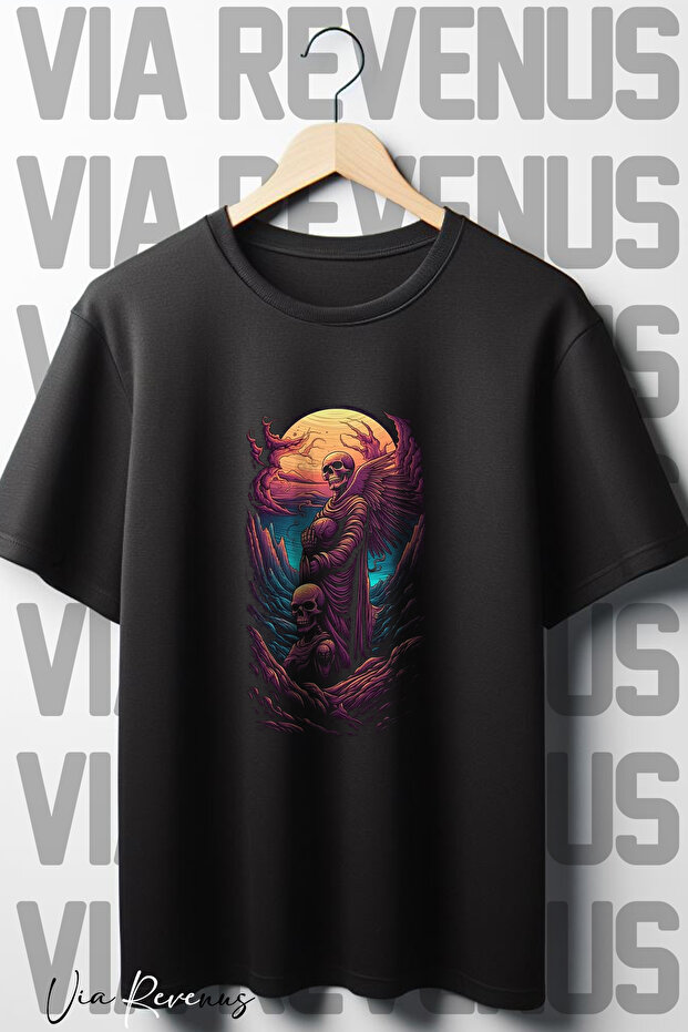 Skull Printed Oversized Wide Fit Crew Neck Black T-shirt
