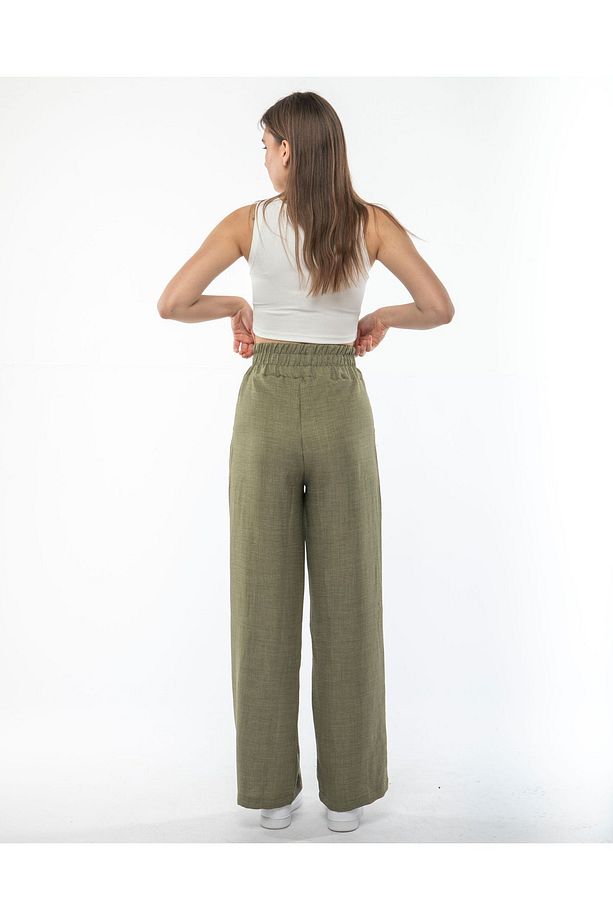 Kadın Beli Lastikli  Yüksekbel İspanyol Paça   Ayrobin  Kumaş Pantolon - 7