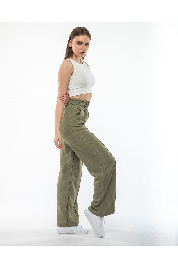 Kadın Beli Lastikli  Yüksekbel İspanyol Paça   Ayrobin  Kumaş Pantolon - 6