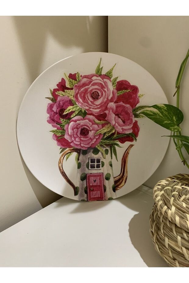 Çiçek Desenli Fuşya Duvar Tabağı Dekoratif Bahçe Balkon Mutfak Salon Duvar Süsü No:83 - 7