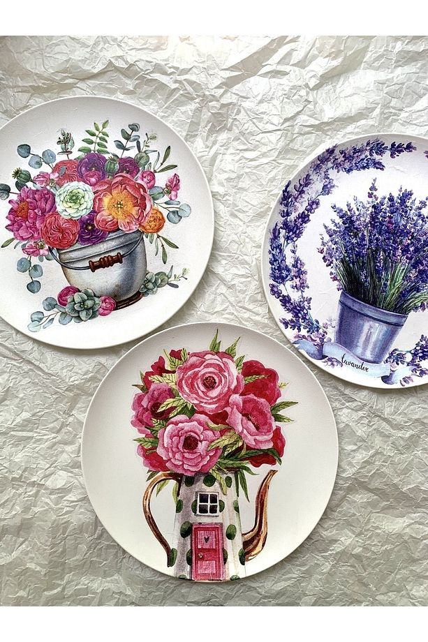 Pembe Çiçek Desenli Duvar Tabağı Dekoratif Bahçe Balkon Mutfak Salon Duvar Süsü No:84 - 8
