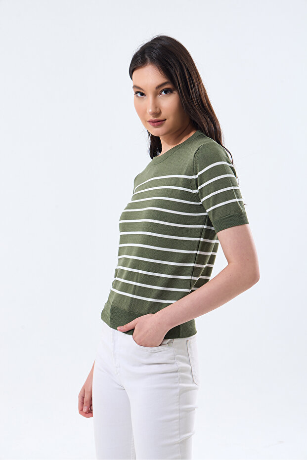 Basıc Kısa Kollu Çizgili Triko Kazak - 2