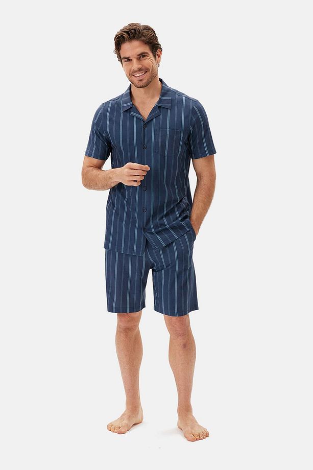 Lacivert Çizgili Gömlek Şort Pijama Takımı - 1