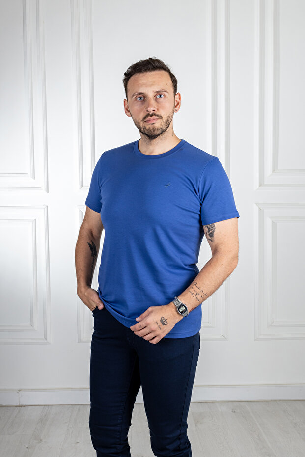 İnterview Sarar 0 Yaka %100 Pamuk Basic Mavi T-Shirt - 5