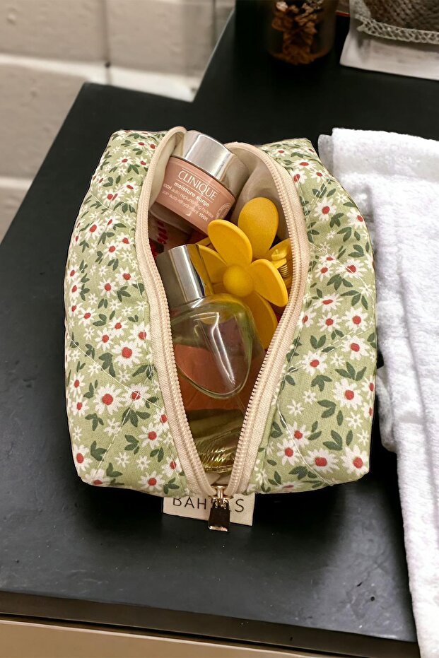 حقيبة مكياج بنمط زهرة خضراء - 3