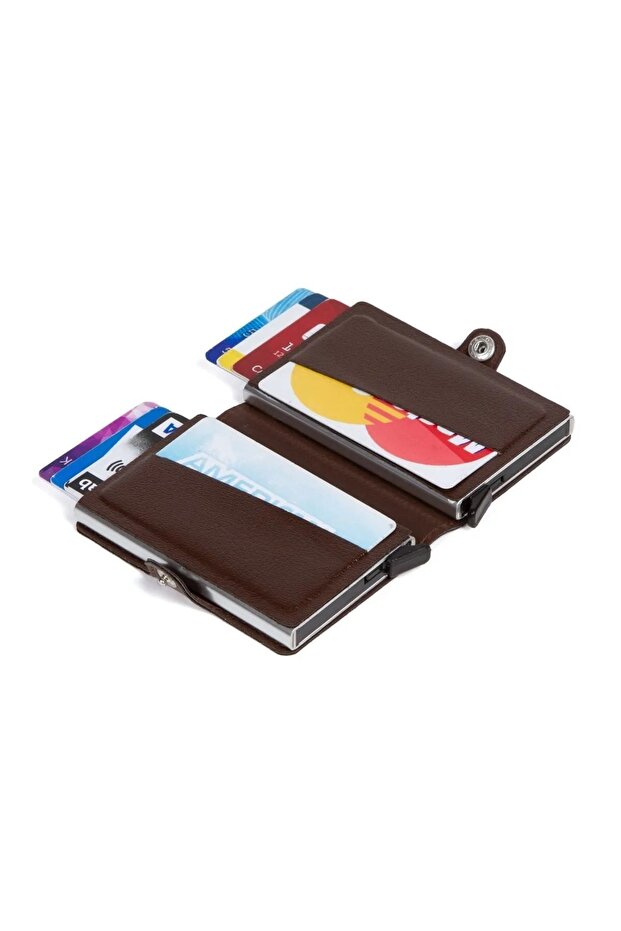 Brown Leather Automatic Card Anti-Shooting Aluminum Double Mechanism Card Holder and Wallet