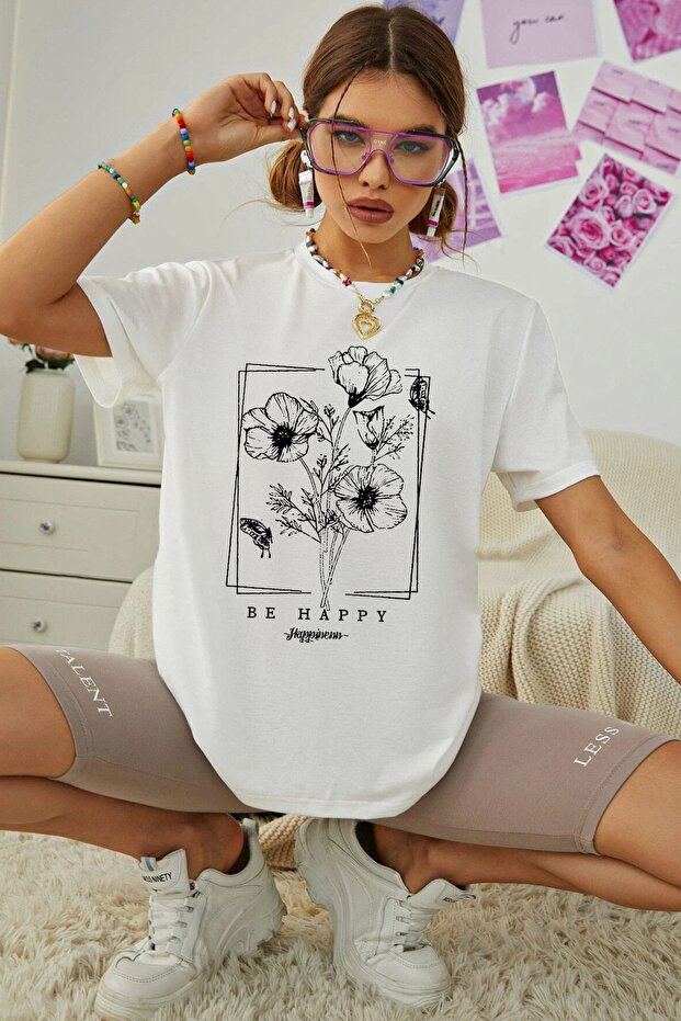 Unisex Be Happy Printed Oversize T-shirt