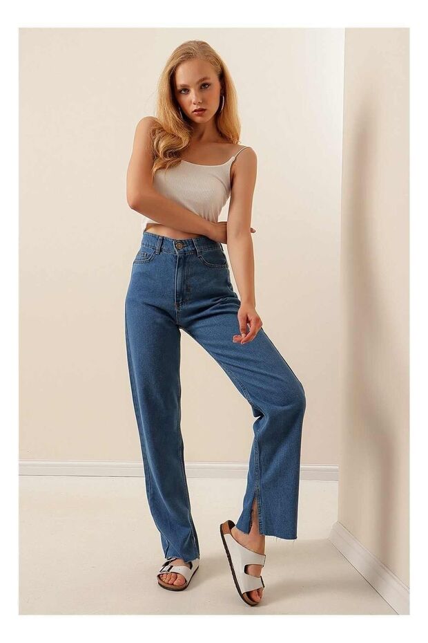 S.t.a.rBlue Leg Slit Boyfriend Jeans Wide Leg Jeans