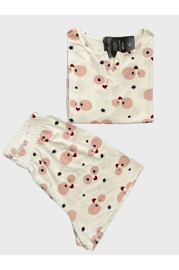 Kadın Krep Kumaş Krem Rengi Kalp Desenli Kısa Kollu Şortlu Yazlık Pijama Takımı - 4