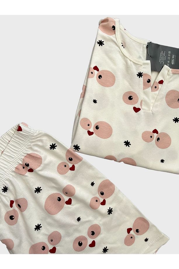Kadın Krep Kumaş Krem Rengi Kalp Desenli Kısa Kollu Şortlu Yazlık Pijama Takımı - 5