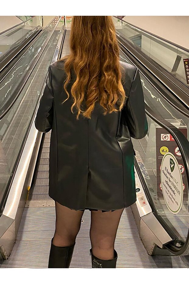 Siyah Deri Blazer Ceket - 6