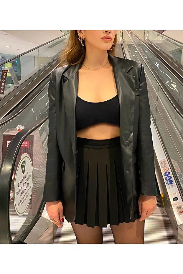 Siyah Deri Blazer Ceket - 4