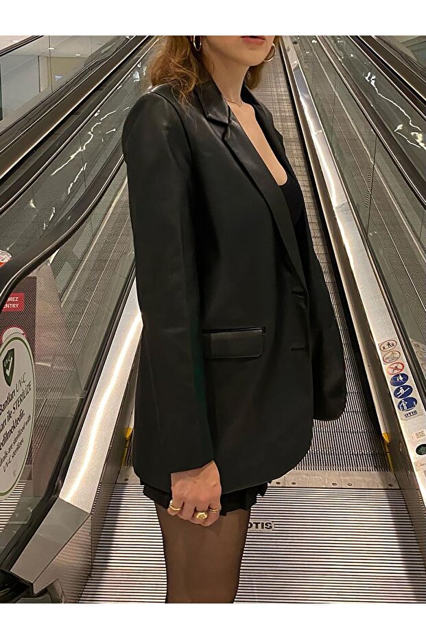 Siyah Deri Blazer Ceket - 5